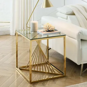 20 Inch Modern Glass Gold Accent Table with Geometric Metal Frame