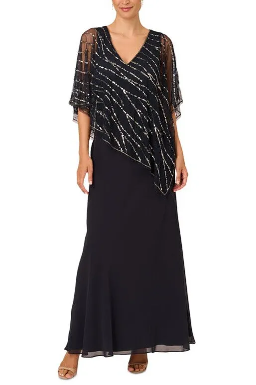 Adrianna Papell Sleeveless V-Neck Beaded Popover Chiffon Gown