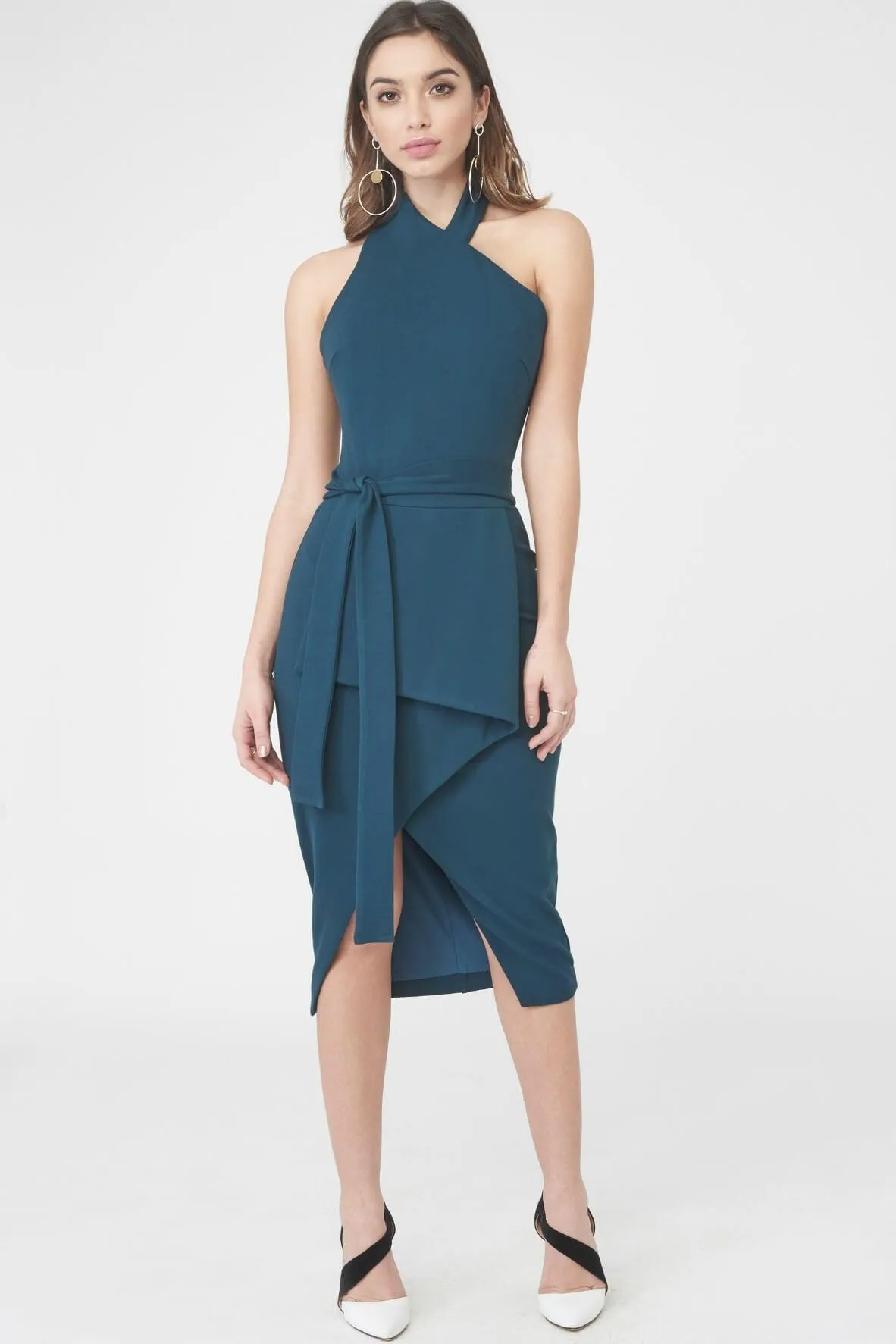 Asymmetric Tie Waist Midi Dress