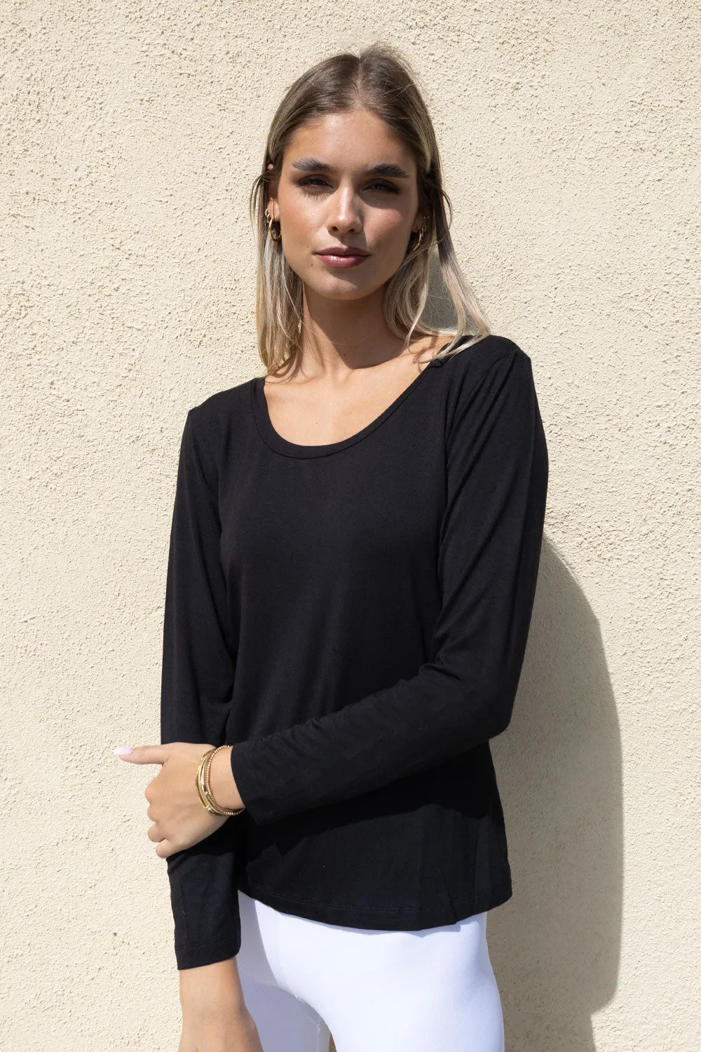 Bilbao Modal long sleeve scoop neck Tee in Black or White