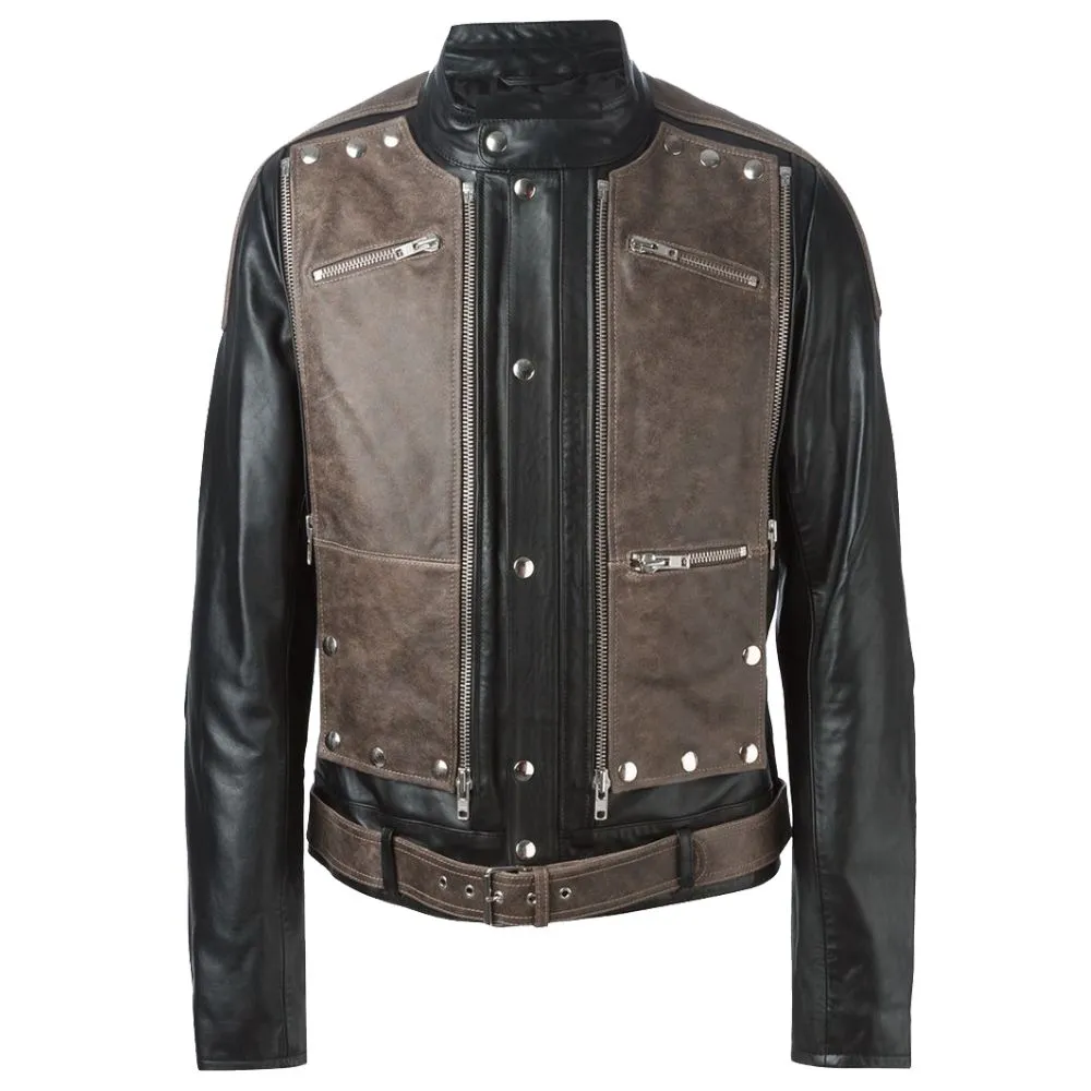 Contrasting Brown Black Biker USA Jacket