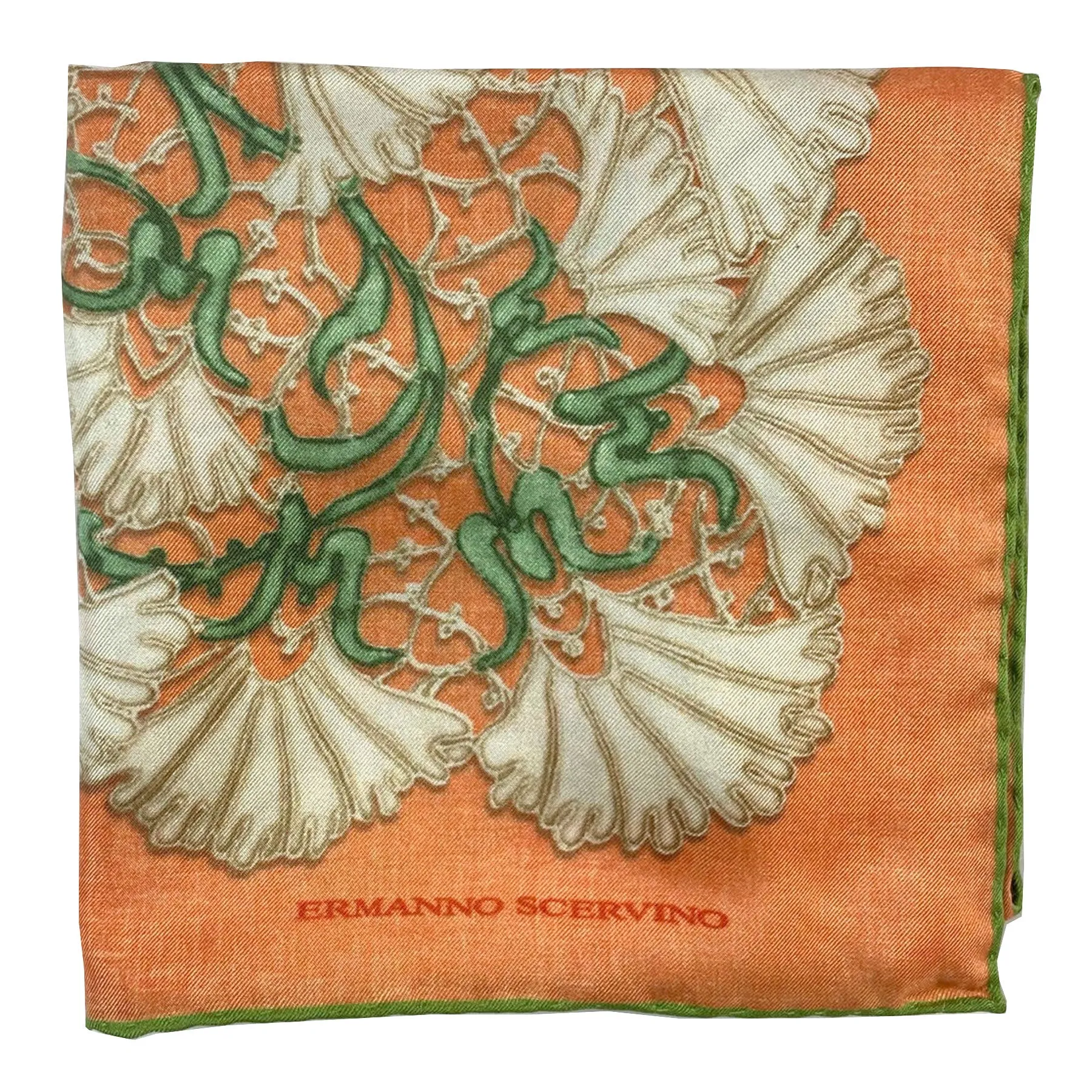 Ermanno Scervino Scarf Orange Green Floral - 27" Square Twill Silk Scarf SALE