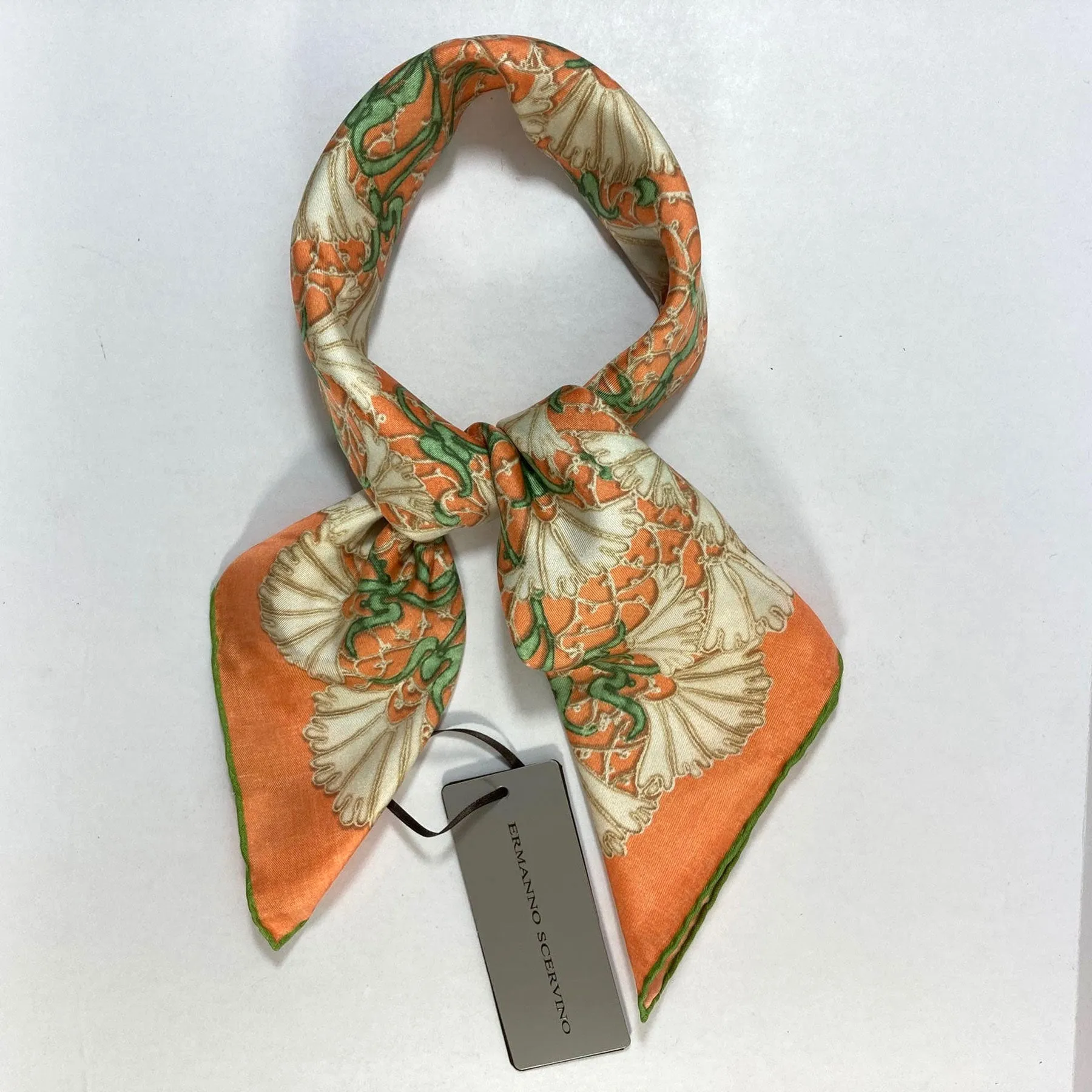 Ermanno Scervino Scarf Orange Green Floral - 27" Square Twill Silk Scarf SALE