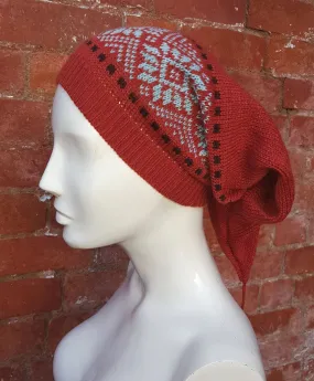 gingerbread coloured Winter Pixie Hat, fair isle pattern, one size fits all, unisex ski hat