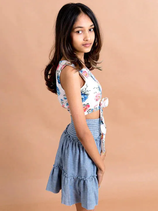 Girls Blue White Printed Top With Skirt