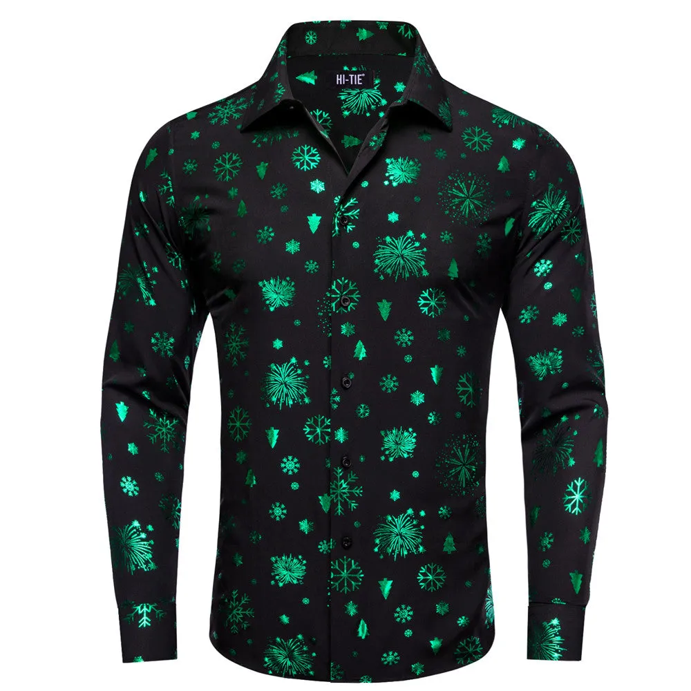 Hi-Tie Black Green Snow Christmas Silk Button-Down Long Sleeve Shirt