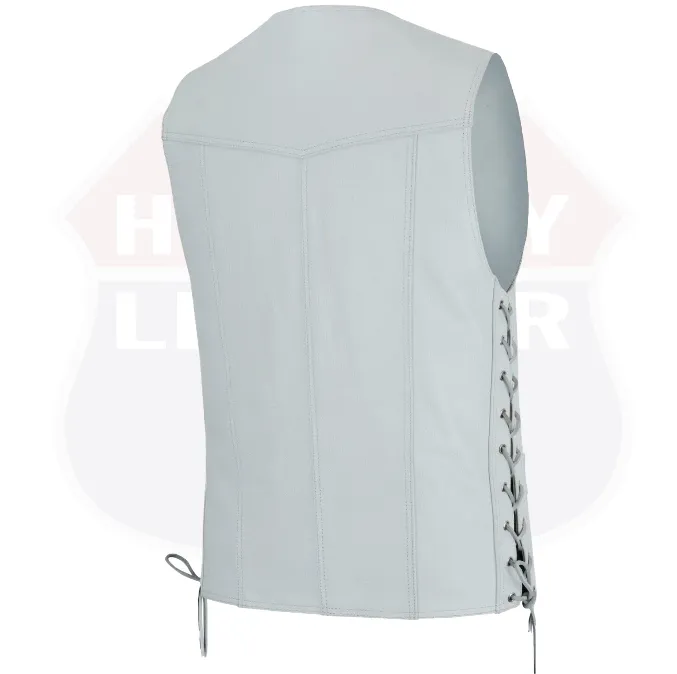 HL11614WHITE Men Side Lace Leather WHITE Vest Traditional