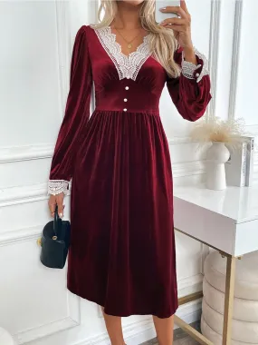 Lace Detail V-Neck Long Sleeve Midi Dress