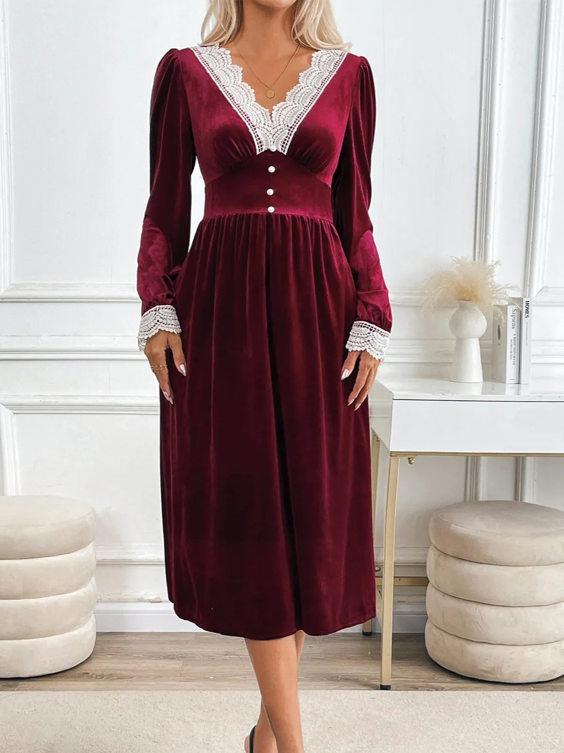 Lace Detail V-Neck Long Sleeve Midi Dress