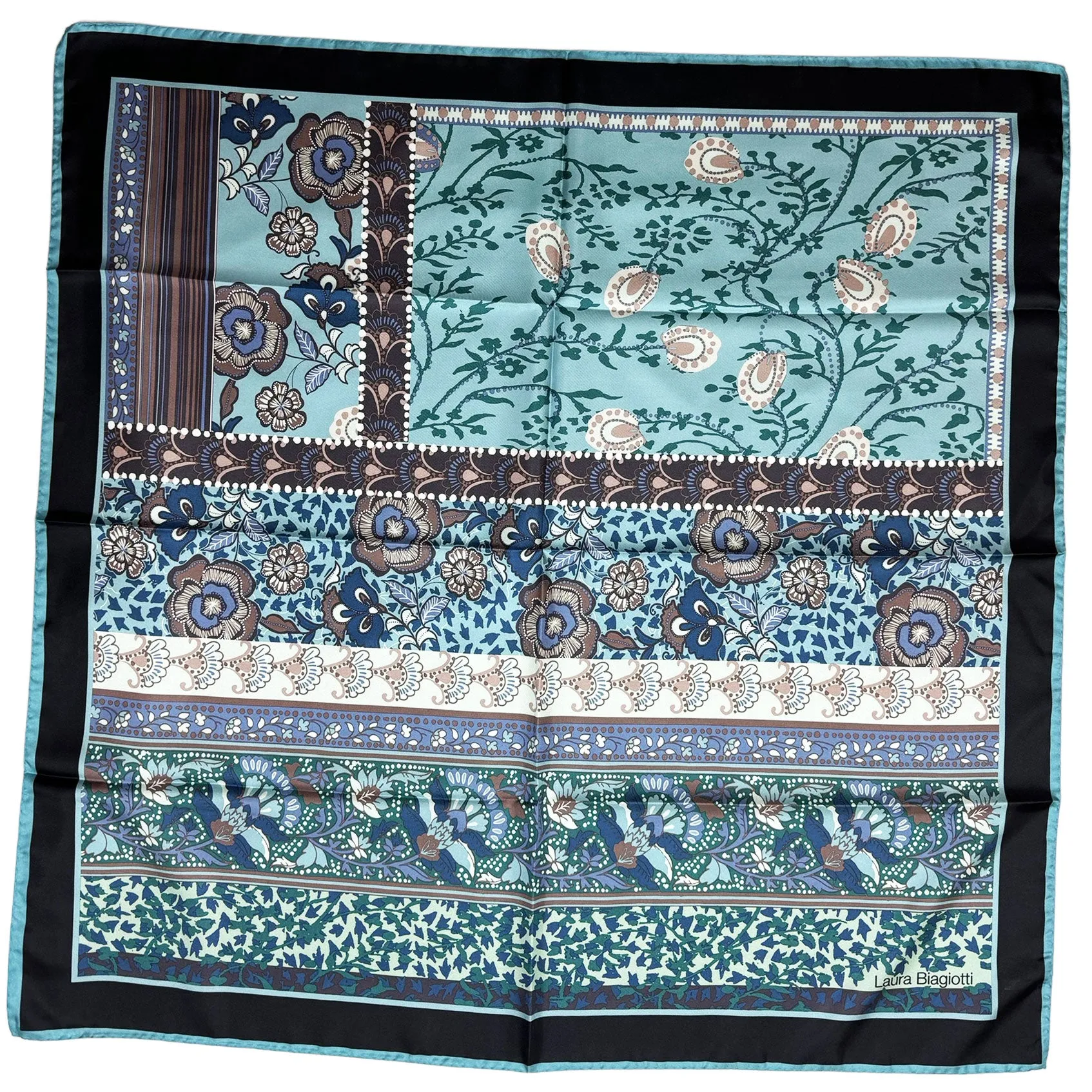 Laura Biagiotti Scarf Floral Dark Blue Taupe Brown - Square Silk Foulard