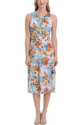 London Times Printed Sleeveless Versatile Empire A line Keyhole Neckline Midi Dress