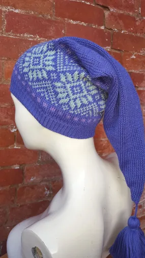 Periwinkle coloured Winter Pixie Hat, fair isle pattern, one size fits all, unisex ski hat