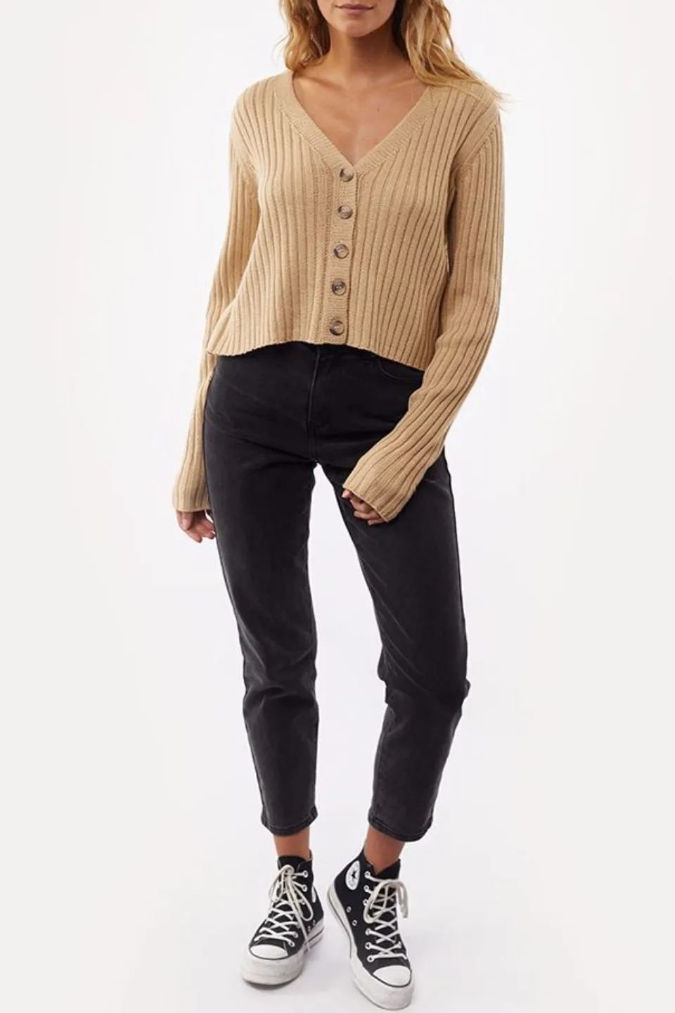 Ribbed Crop Cream Button Cardi